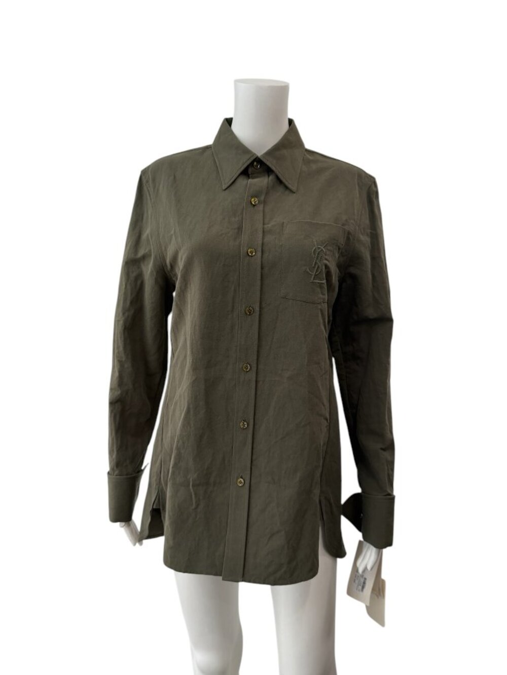 $1350 NWT YSL Green Olive Polo Embroidered Logo Cassandre Blouse Shirt size 6/38